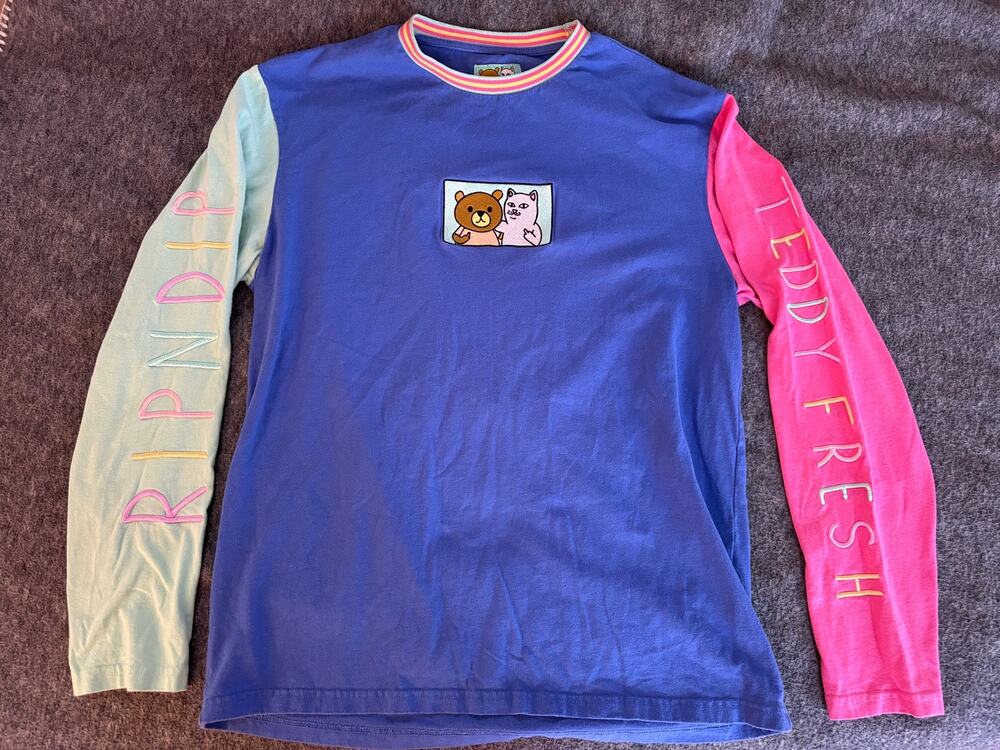 Teddy Fresh x RIPNDIP 2.0 Colorblock Long Sleeve Shirt Bear Cat Heart Size M
